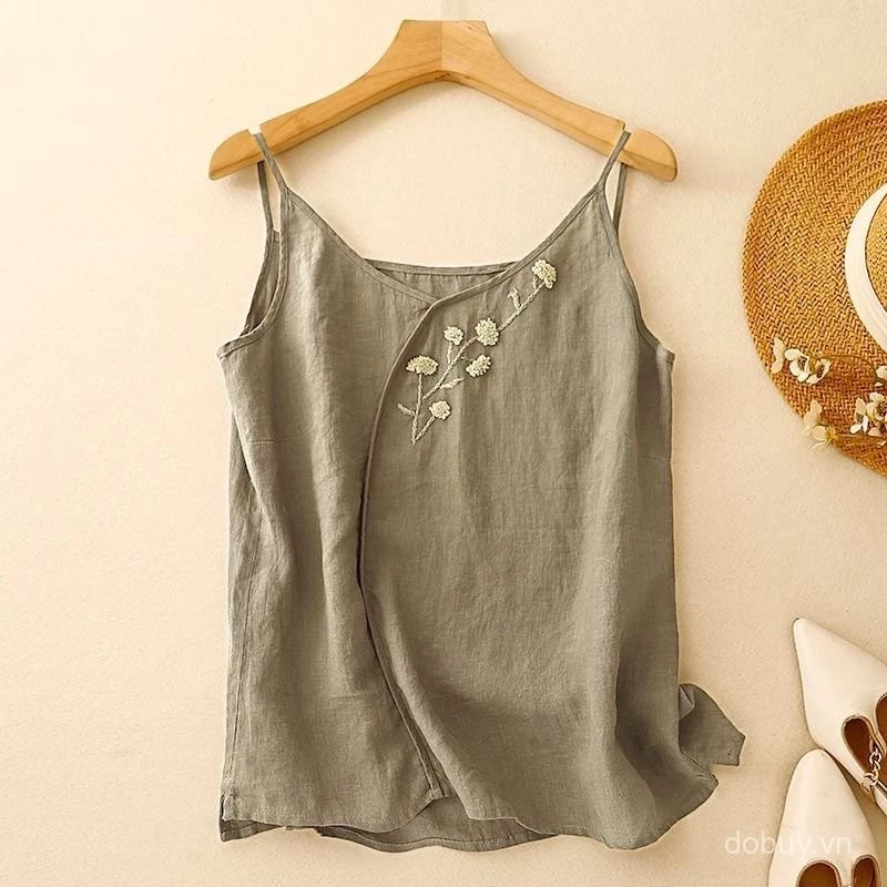 Mẫu mới áo vest và áo lót top phong cách Trung Quốc, chất liệu vải lanh cotton thêu, phù hợp mùa hè