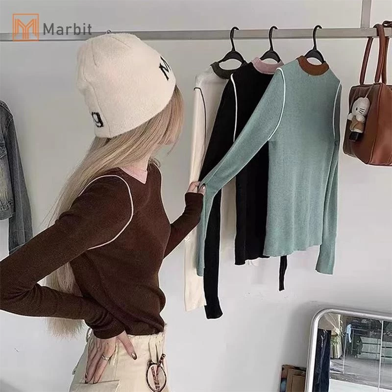 Marbit Nữ Thời Trang Retro Màu Sắc Tương Phản Cổ Tròn Dài Tay Áo Len Dệt Kim Mỏng Mới