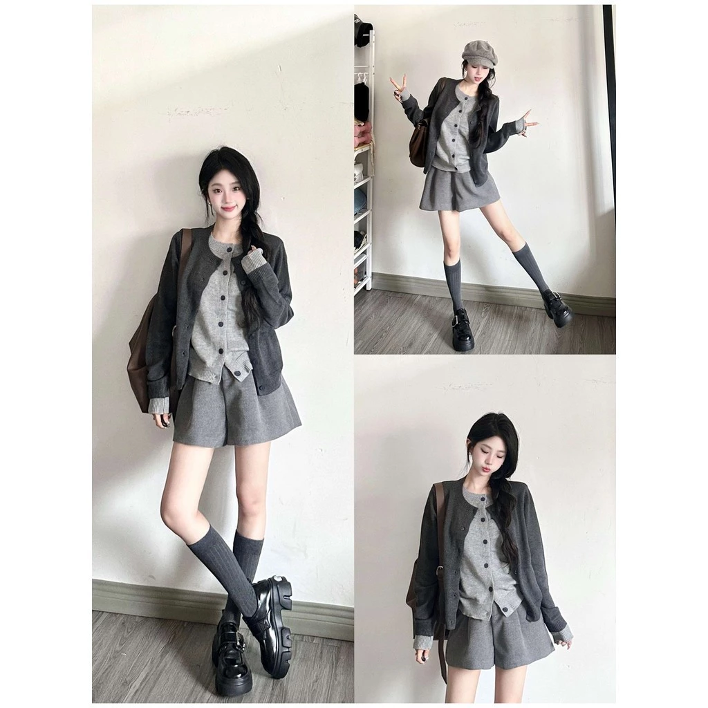 Áo len Cardigan dệt kim hai mảnh màu xám giả Áo khoác nữ mùa thu cổ tròn Slim-Fit All-