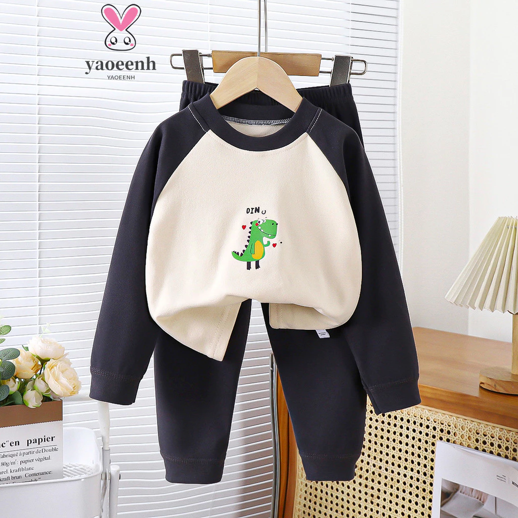 【YAOEENH】90-160cm Phong Cách Thu Đông Vừa Lớn Trẻ Em Develvet Hoạt Hình Raglan Bộ Đồ Lót Bé Trai Bé Gái Quần Áo Mùa Thu Quần Dài Ấm Dày Đáy Hàng Sẵn Có Vận Chuyển Nhanh