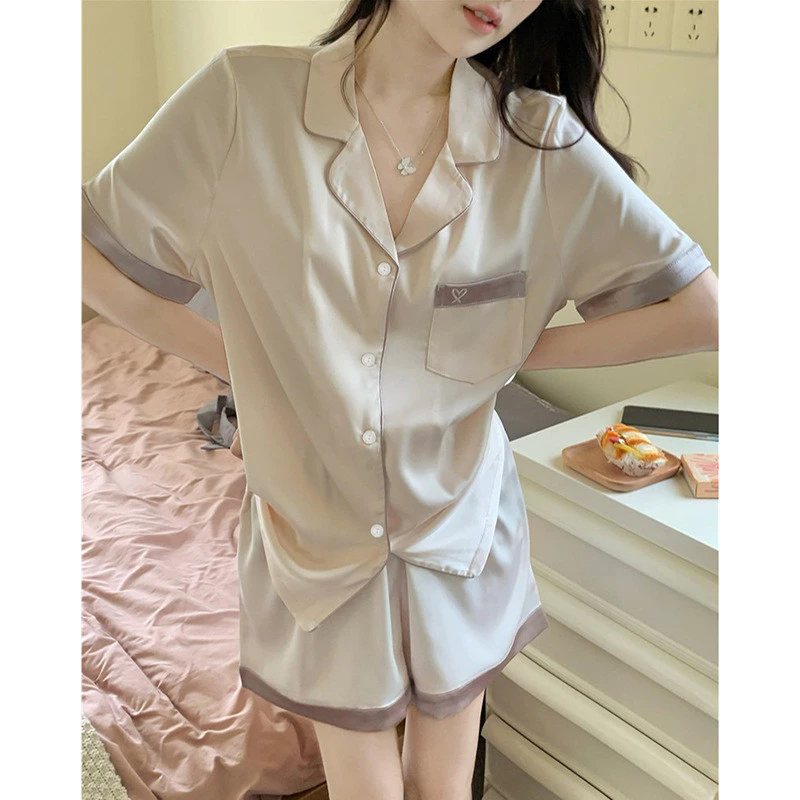 (((40-72,5kg)Vải lụa Polyester Quần Short ngắn tay tươi mát mùa hè Bộ đồ ngủ Đồ mặc nhà dễ thương Bộ đồ ký túc xá sinh viên có thể mặc bên ngoài