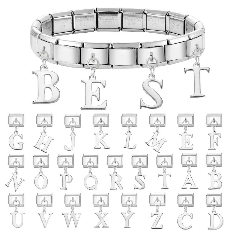 Chữ cái tiếng Anh A-Z Mặt dây chuyền quyến rũ để làm DIY Vòng tay mô-đun Ý 9mm Liên kết thép