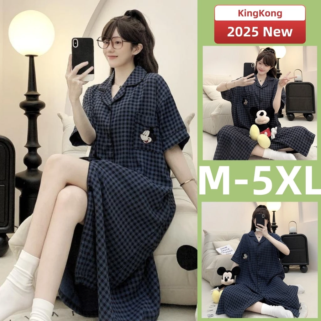 M-5XL Váy Ngủ Bộ Đồ Ngủ Nữ Plus Kích Thước Mặc Ban Đêm Bộ Đồ Ngủ Váy Cotton Mùa Hè Tay Ngắn Đồ Người Phụ Nữ Hoạt Hình Kẻ Sọc Mặc Ở Nhà