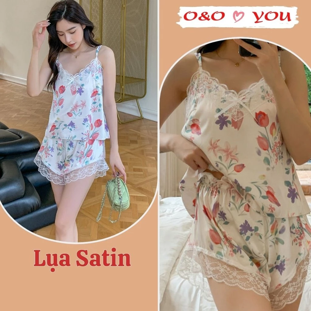 Bộ quần áo ngủ ở nhà 2 dây lụa ren quảng châu, phong cách Nhật Bản A666 O&O thoáng mát