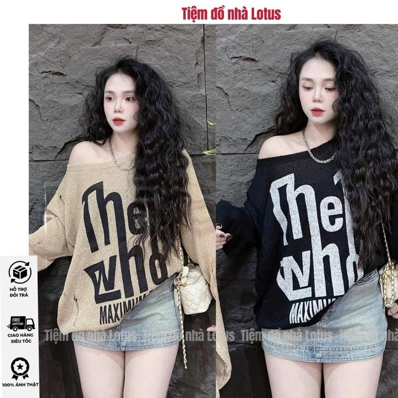 Áo len tay dài in hoạ tiết phối rách freesize cho nữ (Tiệm đồ nhà Lotus)