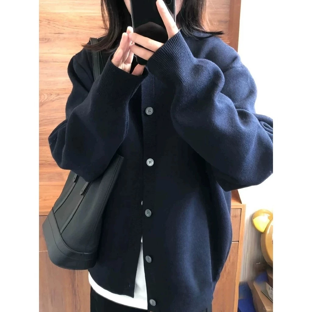 Áo Khoác Cardigan dệt kim dài tay màu xanh nước ngoài thời trang rộng rãi đơn giản phong cách Hàn Quốc mùa thu đông nữ