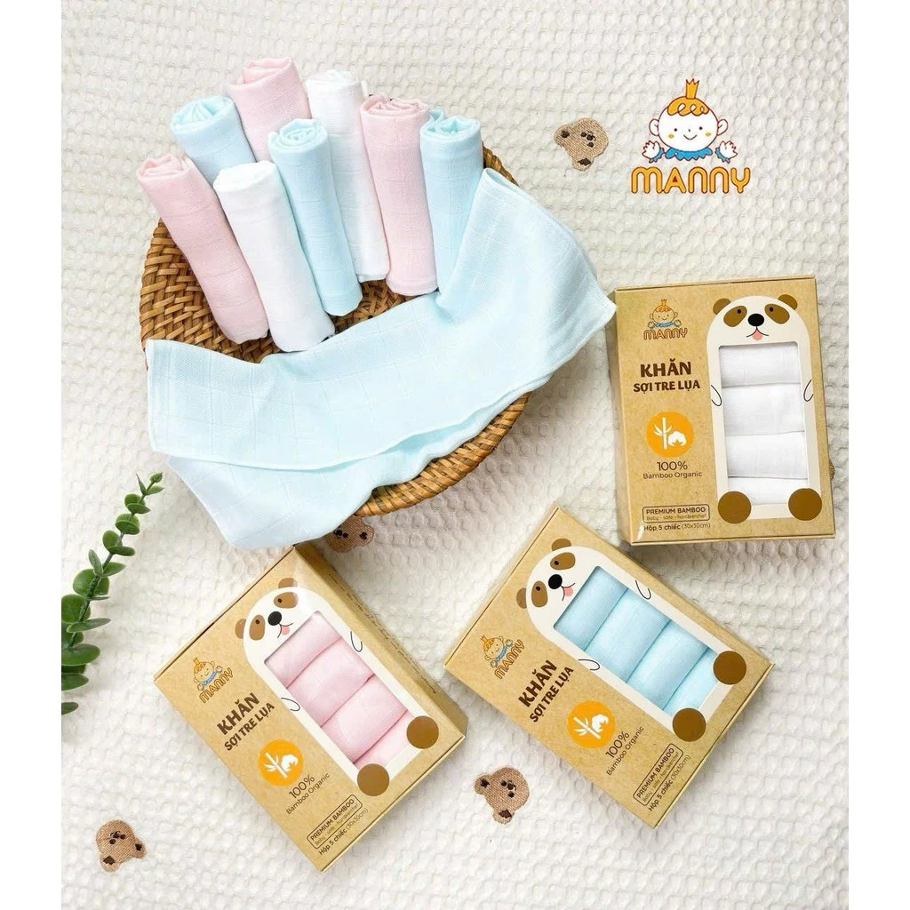 Hộp 5 Khăn Sữa Sợi Tre Lụa Manny Mềm Mại Kích Thước 30x30cm Cho Bé Cho Bé