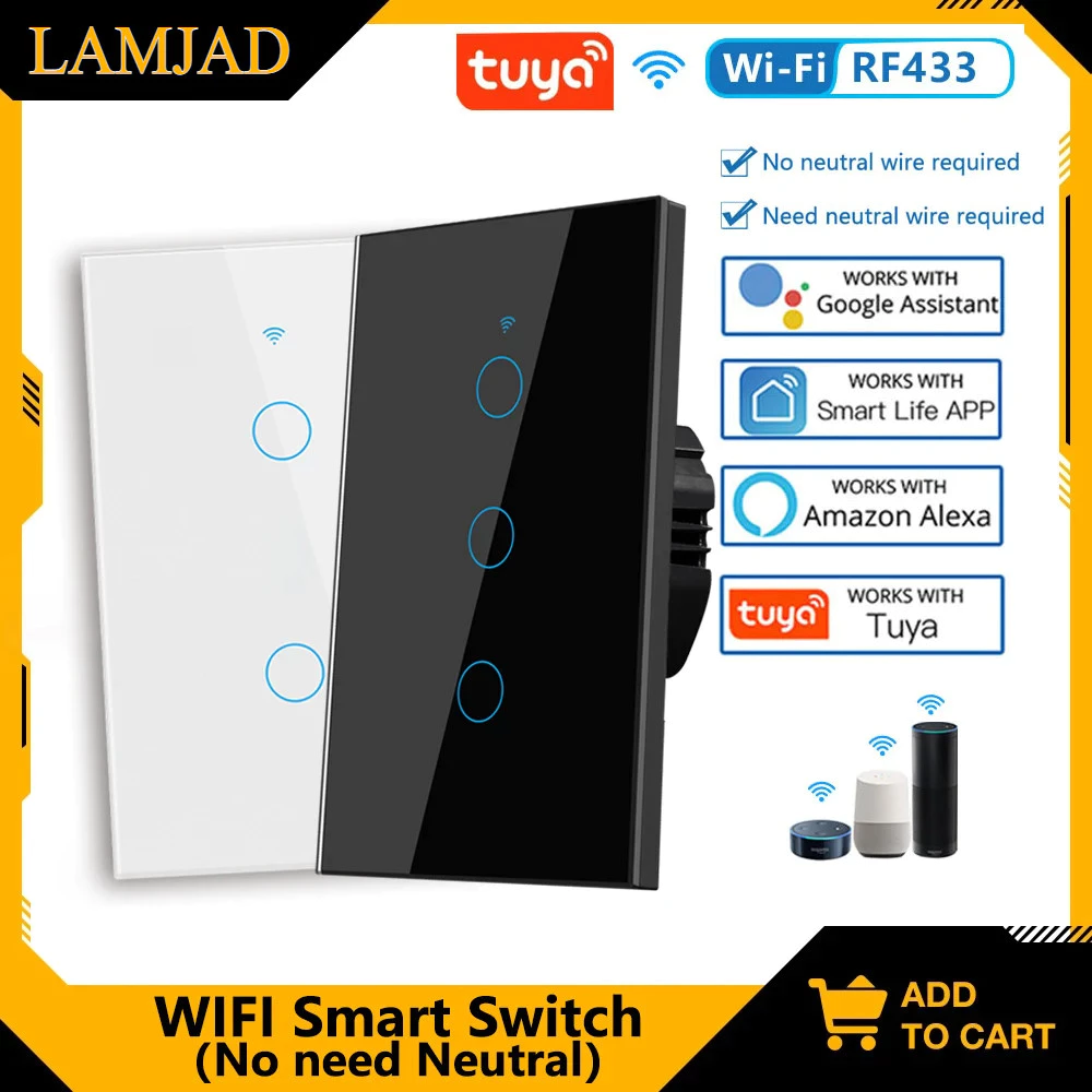 Tuya US WiFi Smart Wall Switch RF433 1/2/3/4 GangTouch Sensor LED Light Switches Smart Home Alexa Google Home