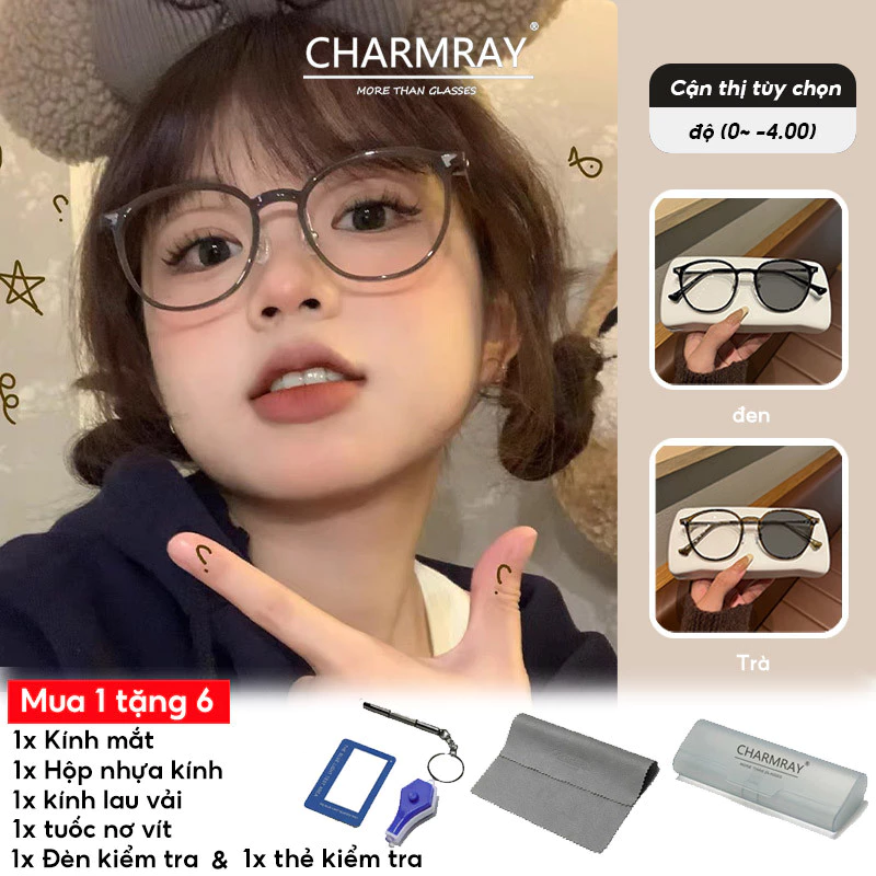 Charmray Kính chống ánh sáng xanh đổi màu cấp 0 ~ -4.0 độ Kính máy tính khung tròn thời trang dành cho nữ và nam giới
