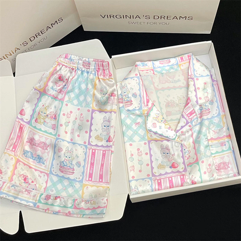(40-72.5kg)Vải lụa Polyester Bộ đồ ngủ nữ in hình thỏ dễ thương, áo cardigan tay ngắn, trang phục thường ngày ở nhà