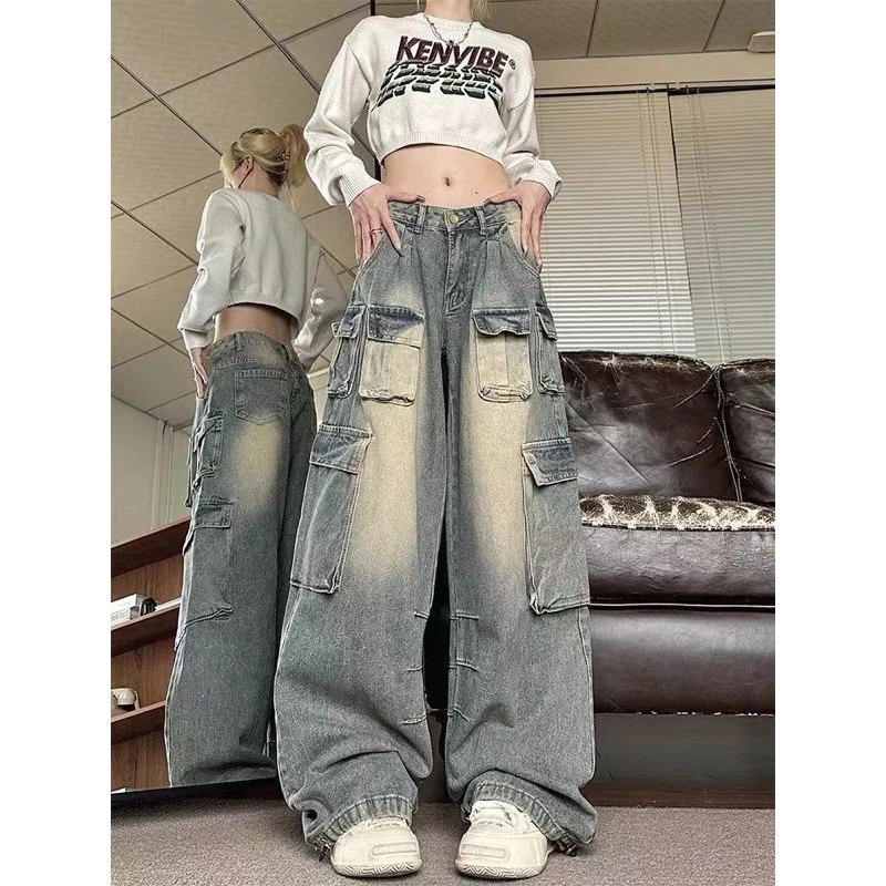 Quần denim ống rộng màu loang cũ nhiều túi hàng qccc thời trang nam nữ