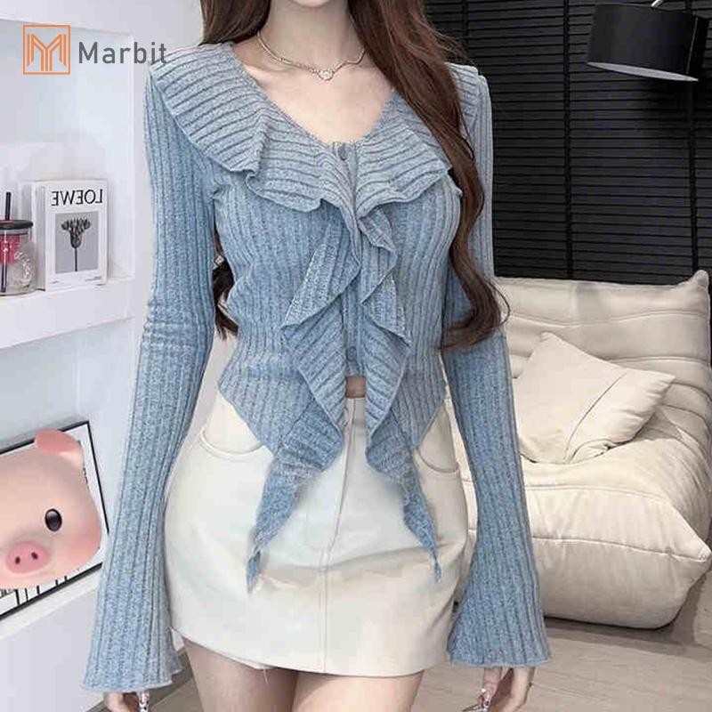 Marbit Hot Girls Gợi Cảm Cổ Chữ V Không Đều Ruffle Dài Tay Mỏng Dệt Kim Áo Len Nữ Crop Top Mới