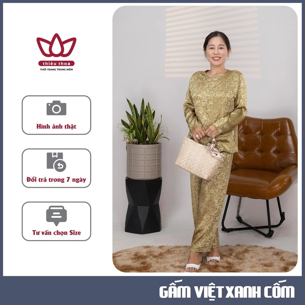 Đồ Bộ Trung Niên Nữ Cao Cấp Chất Liệu Gấm Việt Tay Dài Nhập Khẩu Cao Cấp - Thiều Thoa Store