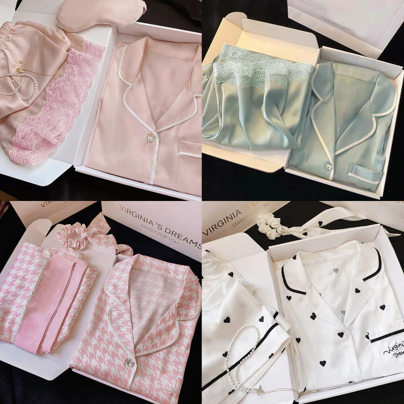 (40-70kg)Vải lụa Polyester Bộ đồ ngủ sexy viền ren cho phụ nữ, áo cardigan tay ngắn, bộ đồ mặc ở nhà đơn giản