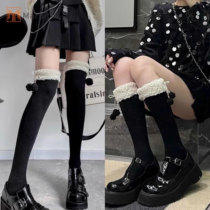 Marbit Cừu Len Trên Đầu Gối Tất Chân Mùa Đông Ấm Áp Dài Vớ Dễ Thương Sang Trọng Cô Gái Ống Cao Tất Màu Trơn JK Vớ Mới