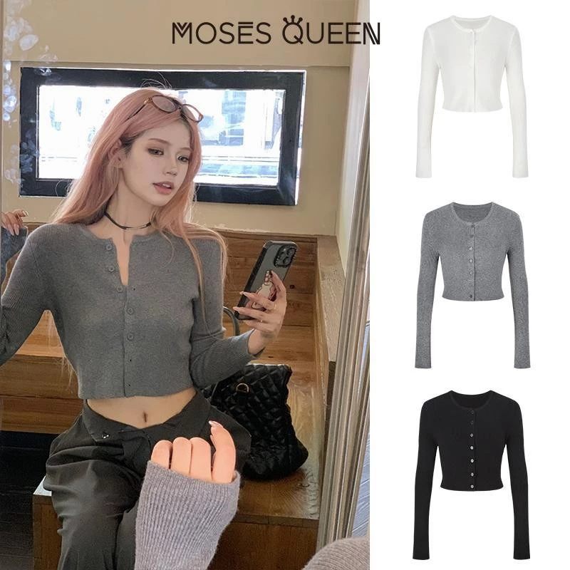 < MOSESQUEEN > Áo len dệt kim Nút bụng ngắn mới Áo khoác hàng đầu bé gái mỏng và mỏng #59259