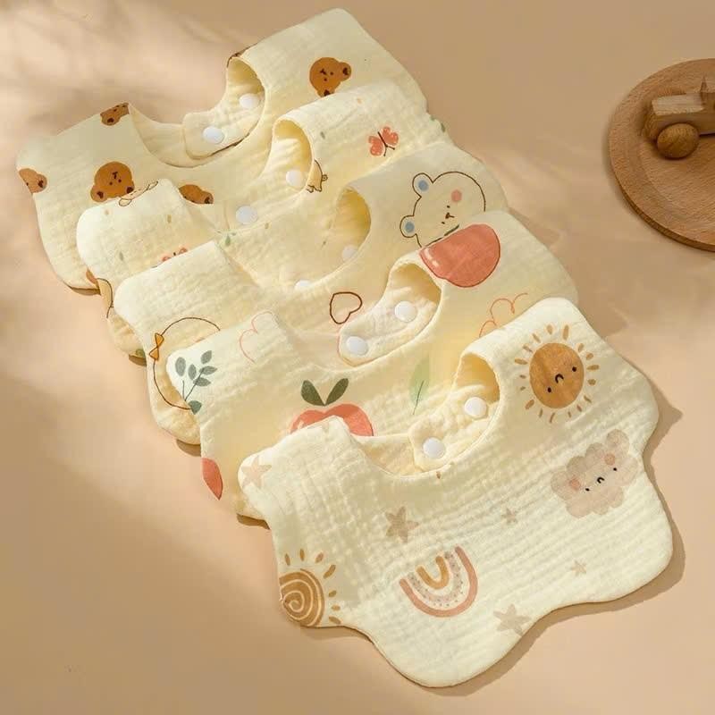 Set 5 Yếm Cổ Tròn Xoay Chất Liệu Xô Muslin 4 Lớp Thấm Hút Mềm Mại Có Khuy Bấm Chỉnh Kích Thước