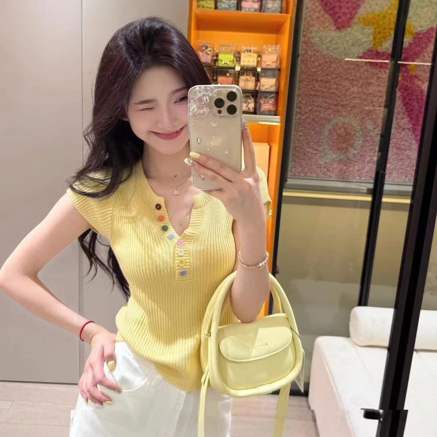 YAYUAN Áo Len Cổ Chữ V Nút Nhiều Màu Sắc Nữ Mùa Hè Giảm Tuổi Thời Trang Sang Trọng Ôm Hơn Nhìn Ngắn-