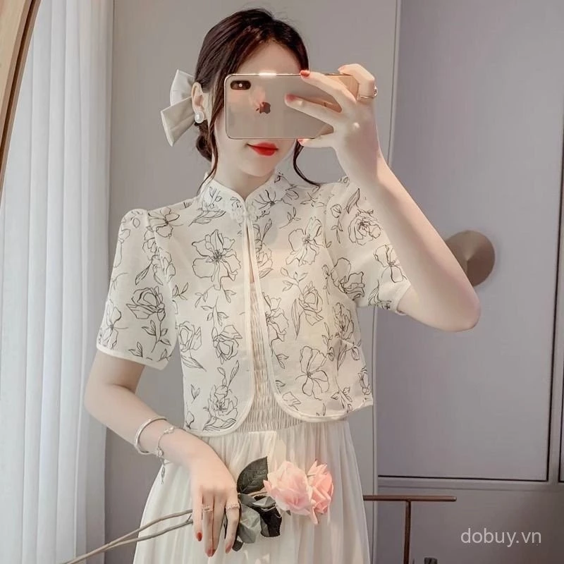 Áo khoác ngắn tay phong cách vintage Trung Quốc, áo khoác có nút ếch, áo khoác chống nắng cho váy camisole mùa hè