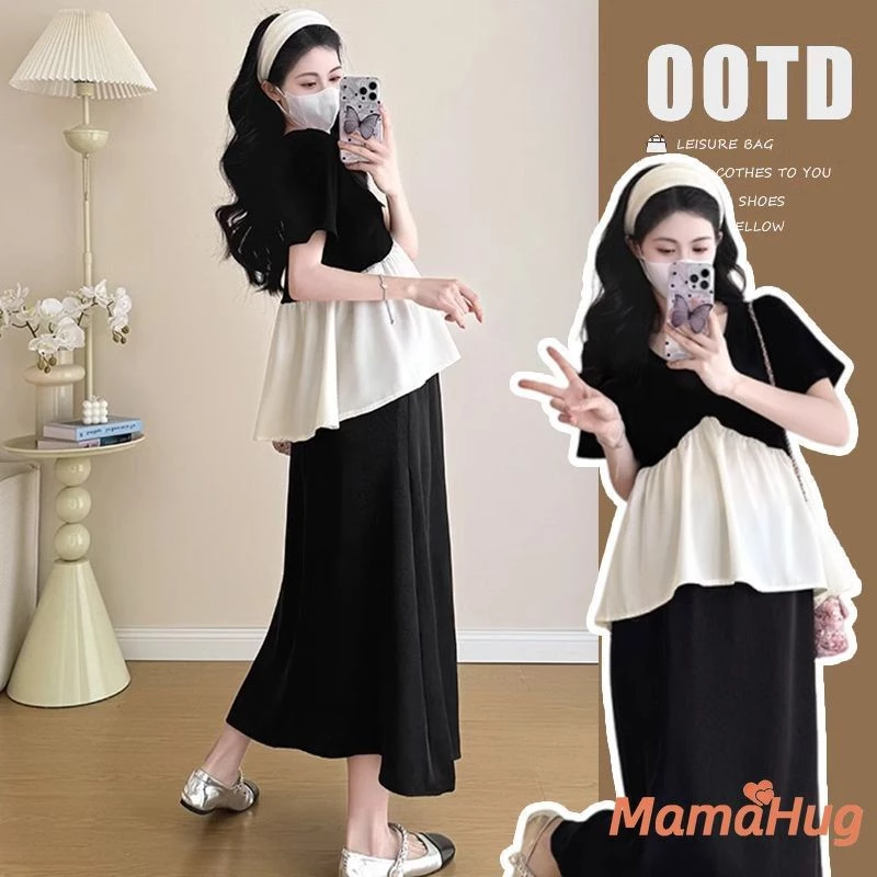 Mùa Hè 2026 Bộ Thai Sản Hàn Quốc Lỏng Lẻo Phù Hợp Với Bụng Tay Ngắn Váy Midi Đầm rendy Trang Phục Thường Ngày Cho Các Bà Mẹ Thời Trang Đi Chơi Bãi Biển Buntis Quần Áo