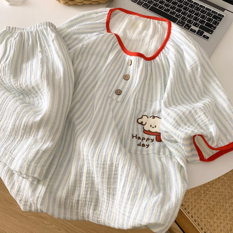 Áo thun cotton tay ngắn sọc cổ tròn, quần short, đồ ngủ mùa hè ngọt ngào, trang phục thư giãn