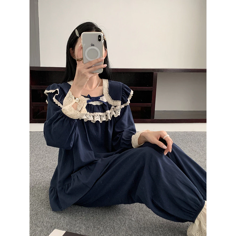 [SẴN] 855_Bộ ngủ nữ, pijama dài tay phối bèo màu xanh be dáng babydoll chất cotton | Hàng QCCC | 9scat