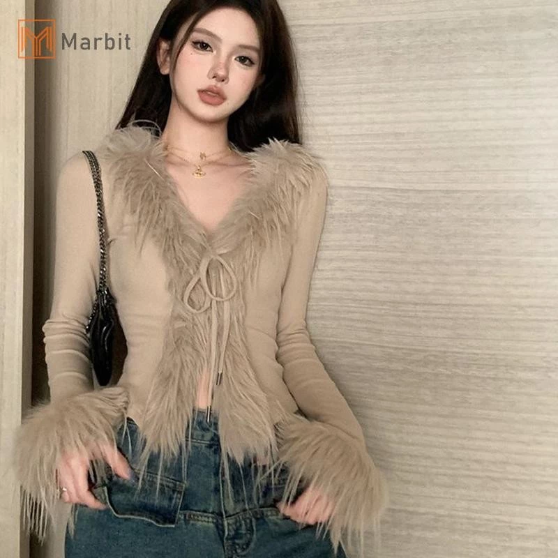 Marbit Hàn Quốc Hot Girl Furry Cổ Chữ V Tay Dài Không Đều Mỏng Áo Len Ngắn Cardigan Mới