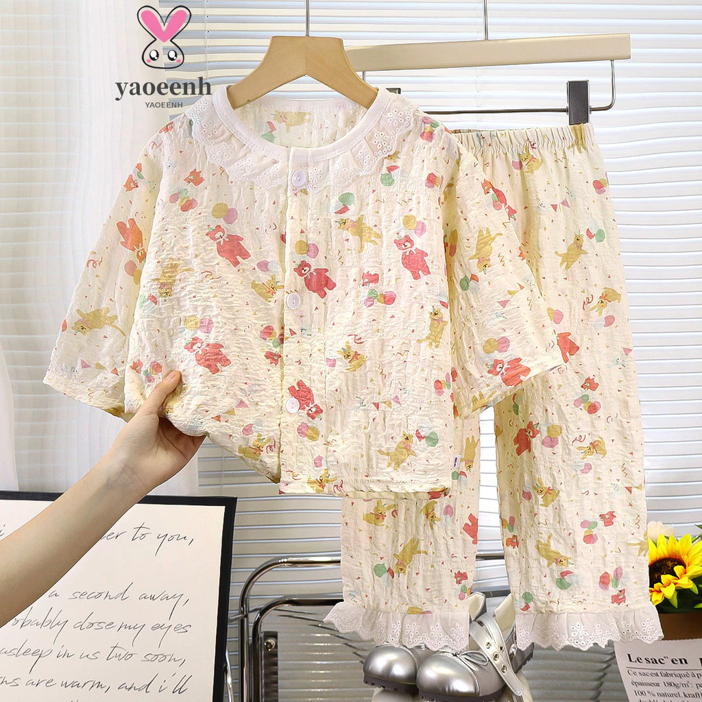 【YAOEENH】80-150cm Xuân Thu Hè Bé Gái Mỏng Dài Tay Loungewear Trung Nhỏ Thời Gian Trẻ Em Cotton Phiên Bản Hàn Quốc Bộ Điều Hòa Không Khí Bộ Đồ Hai Mảnh Hàng Có Sẵn Vận Chuyển Nhanh