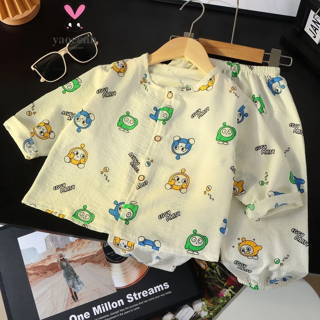 【YAOEENH】90-160cm Xuân Thu Phong Cách Bé Trai Bé Gái Phong Cách Mỏng Homewear Phù Hợp Với Nhỏ Vừa Trẻ Em Hoạt Hình Bộ Đồ Ngủ Hai Mảnh Phù Hợp Với Hàng Sẵn Có Vận Chuyển Nhanh