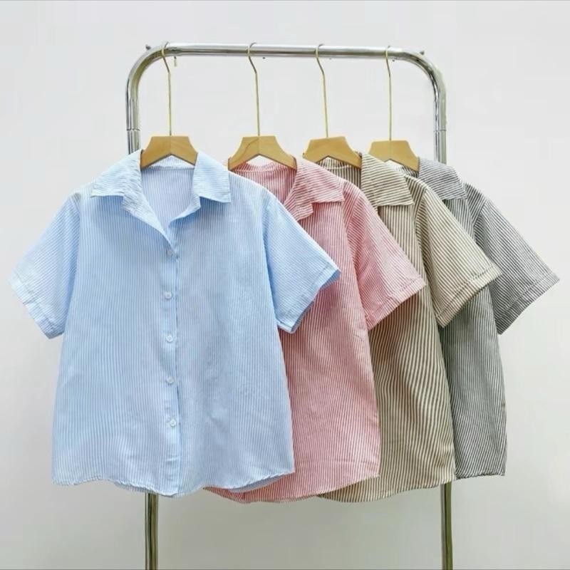 Áo Sơ Mi Kẻ Sọc Bigsize Nữ  Phom Rộng Tay Ngắn  Năng Động Thời Trang Đi Học Công Sở SM184