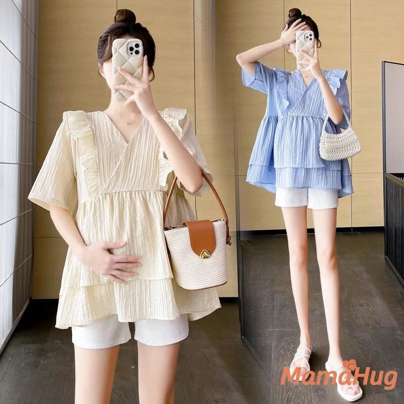 Mùa Hè 2026 Bà Bầu Áo Cổ Chữ V Tay Ngắn Rời Phù Hợp Với Hợp Thời Trang Sang Trọng Quá Khổ Áo Sơ Mi Cho Các Bà Mẹ Nhỏ Dễ Thương Cổ Tích Phong Cách Mang Thai Hàng Đầu Thoáng Khí Trẻ Trung Ngoài Trời Buntis