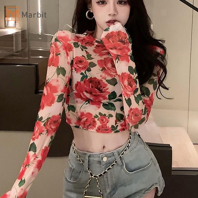 Marbit Thu Đông Nữ Retro Hoa Cổ Tròn Dài Tay Áo Thun Slim Crop Top Mới