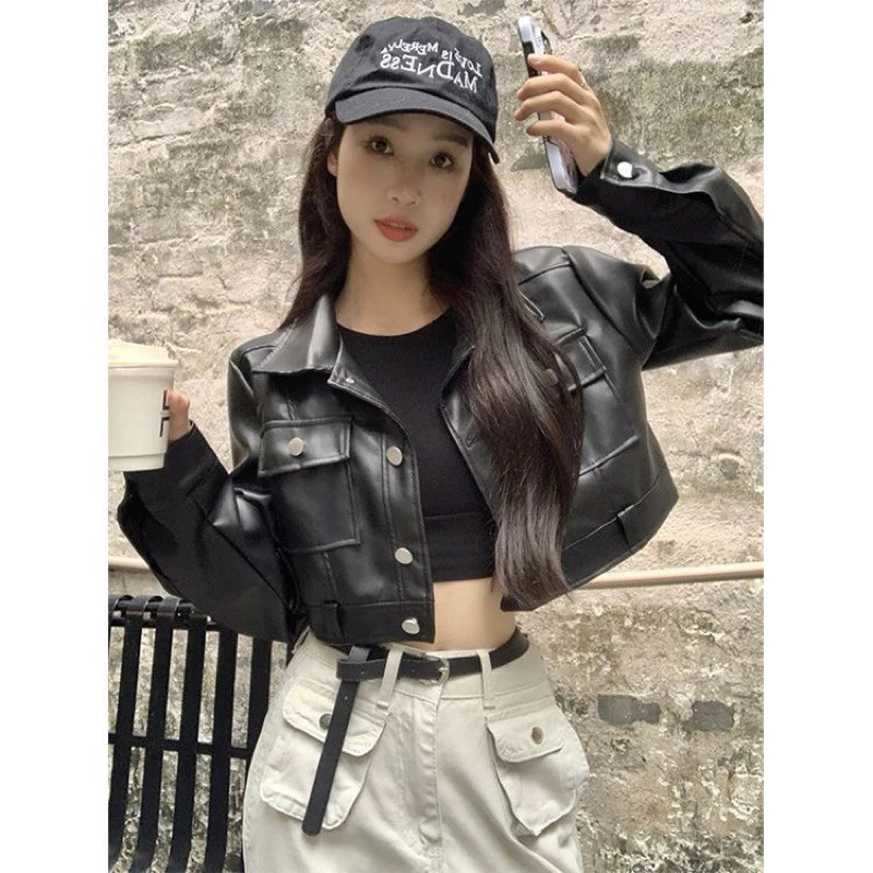 Áo Bomber Mỹ Retro Hot Girl Da PU Áo Khoác Nữ Thu Đông Mới Rời Ôm Áo Khoác Ngắn Đa Năng Hàng Đầu