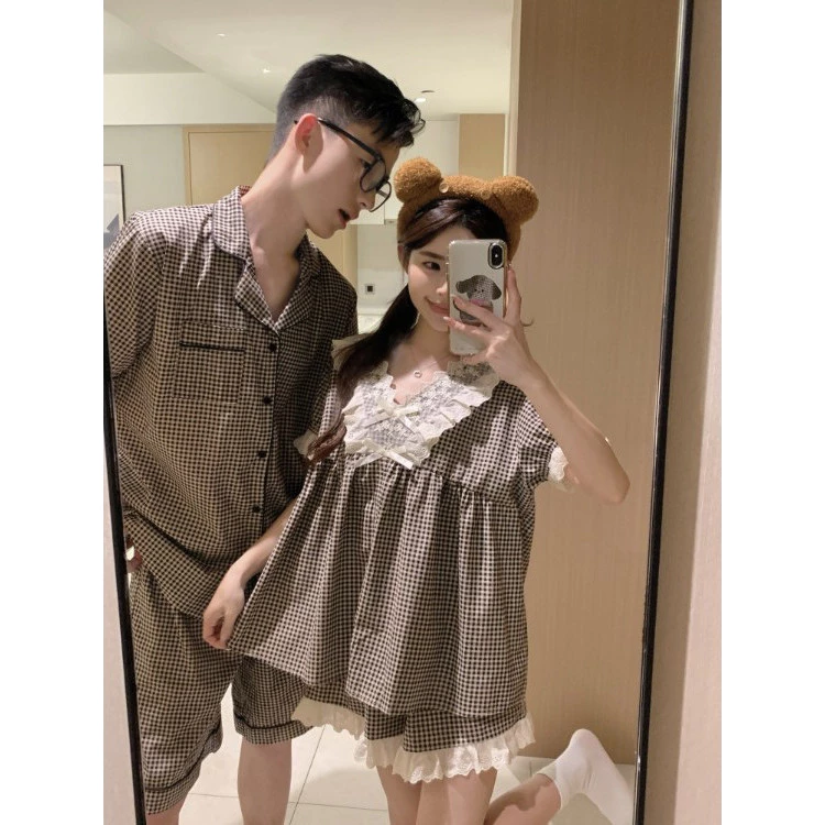 761_Bộ ngủ nam nữ, pijama đôi dáng ngắn hoạ tiết kẻ caro trắng đen chất cotton | 9scat | Hàng QCCC