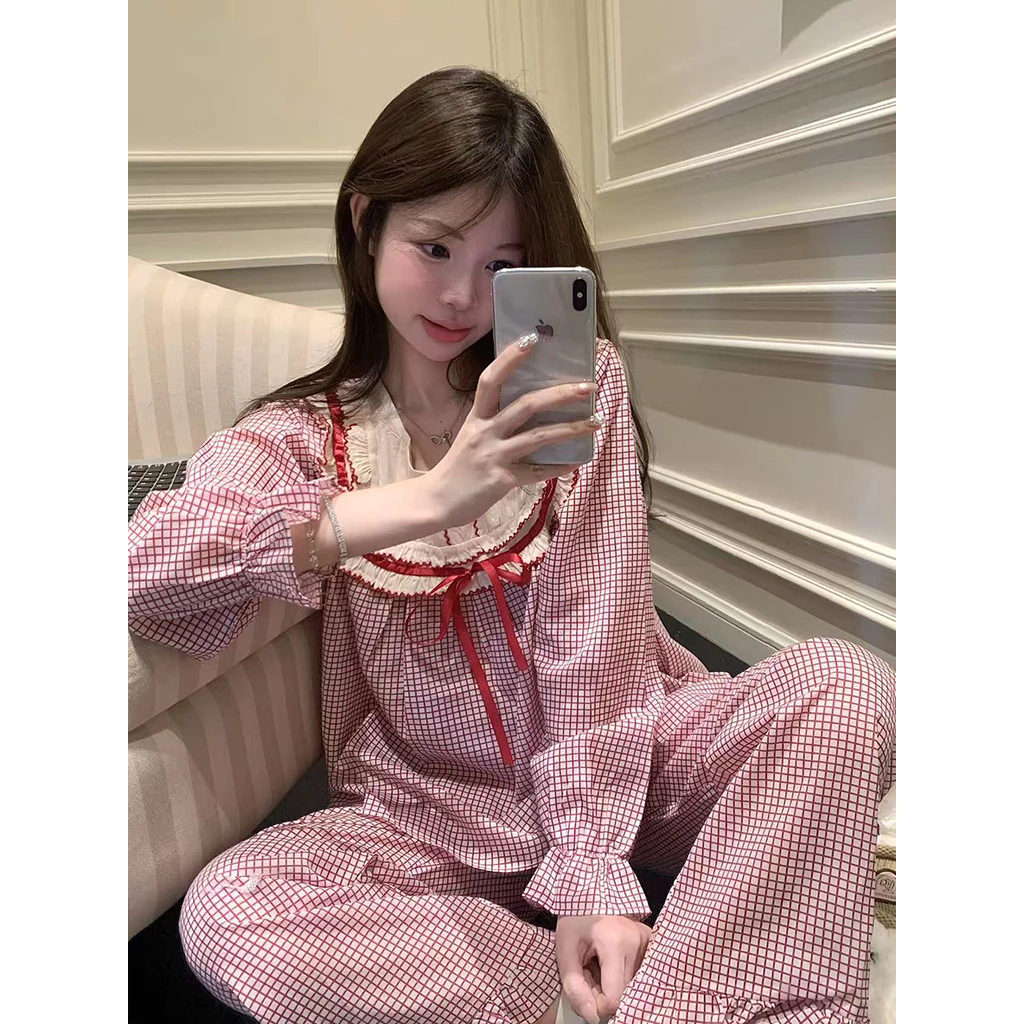858_Bộ ngủ nữ, pijama dài tay hoạ tiết kẻ đỏ phối nơ dáng babydoll chất cotton | Hàng QCCC | 9scat