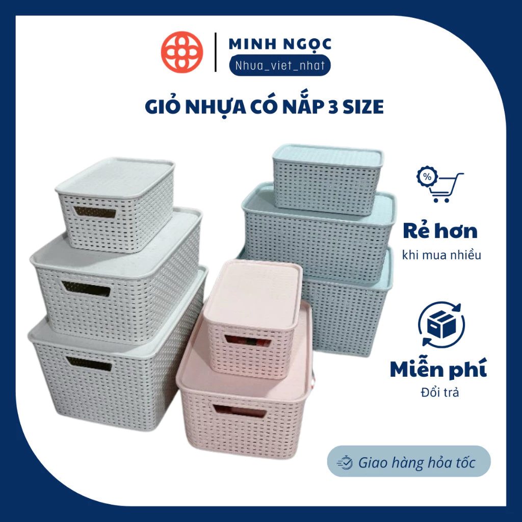 Giỏ Nhựa Có Nắp 3 Size Việt Nhật, Giỏ Đựng Đồ Đa Năng Tiết Kiệm Không Gian(MS: 3386/3387/3388)