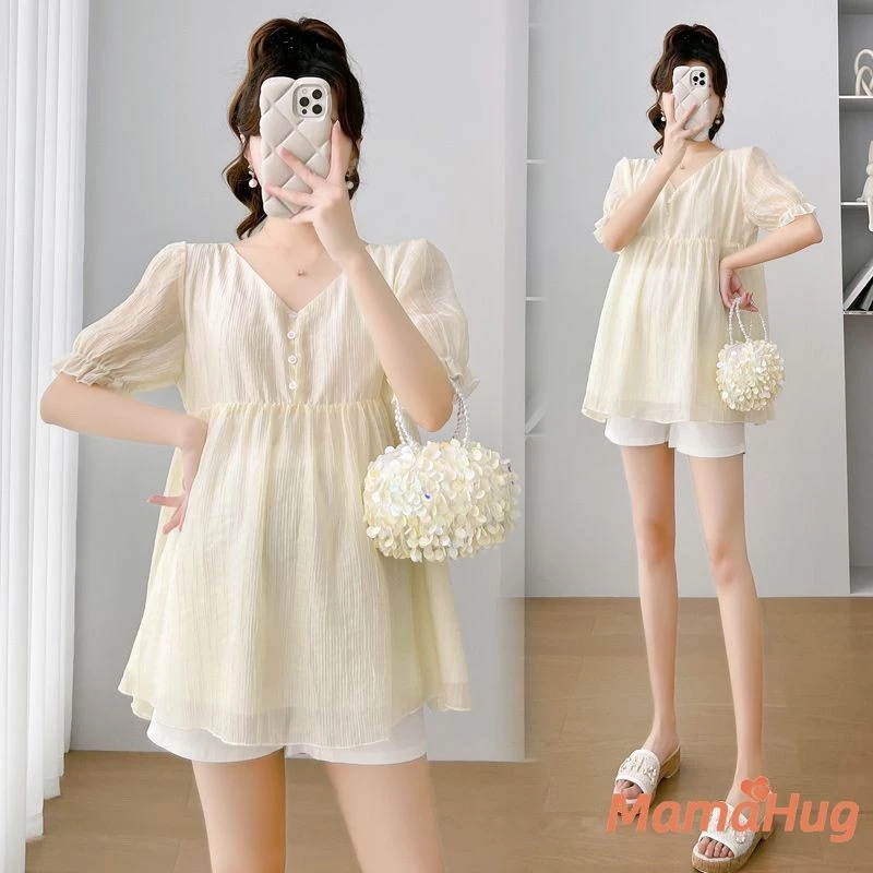 Áo sơ mi bà bầu mùa hè 2026 tay ngắn nhẹ Áo sơ mi Babydoll cổ chữ V cỡ lớn dáng rộng vừa vặn Áo voan để đi chơi thường ngày Plus Kích thước tuổi già sang trọng thoáng khí Mặc hàng ngày