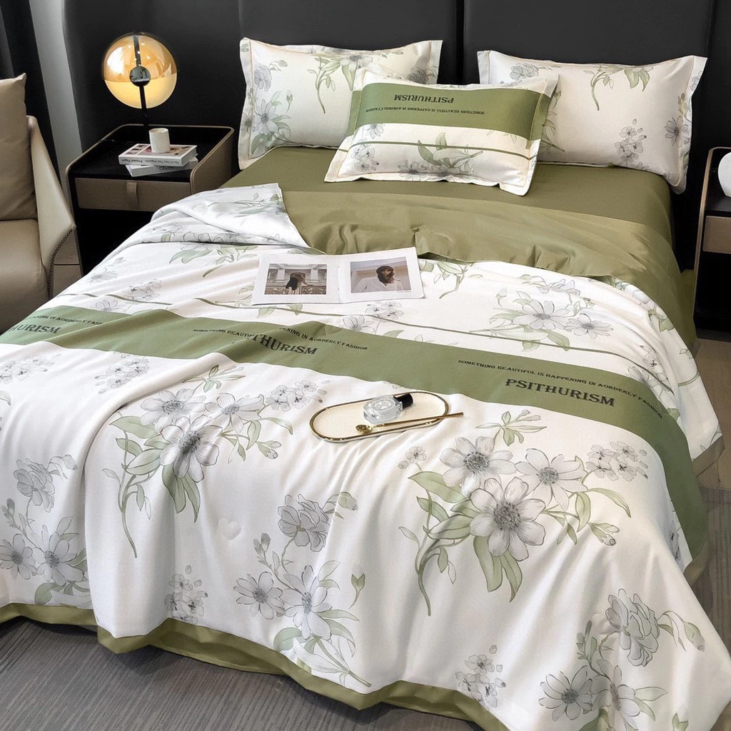 Bộ chăn ga gối lụa thái 4 món nhập khẩu cao cấp, Drap chăn hè chất liệu lụa thái mềm mịn thoáng mát, chăn mền đã có ruột