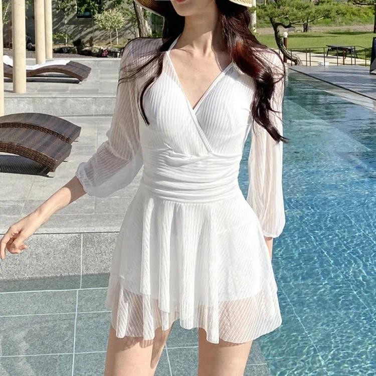 Nữ Mùa Hè Mới Giảm Béo Ren Dài Tay Đồ Bơi Slim Fit Một Mảnh Bộ Đồ Tắm Phong Cách Bảo Thủ