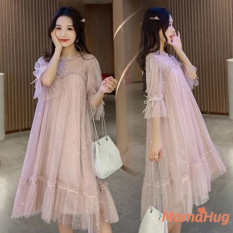 Mùa hè mới dành cho bà bầu Váy Maxi dài phong cách Hàn Quốc, Trang phục bà bầu cỡ lớn Vải thoáng khí, Hợp thời trang Mẹ-to-Be Casual sang trọng dáng rộng vừa vặn Váy thời trang mùa xuân mùa hè dành cho nữ