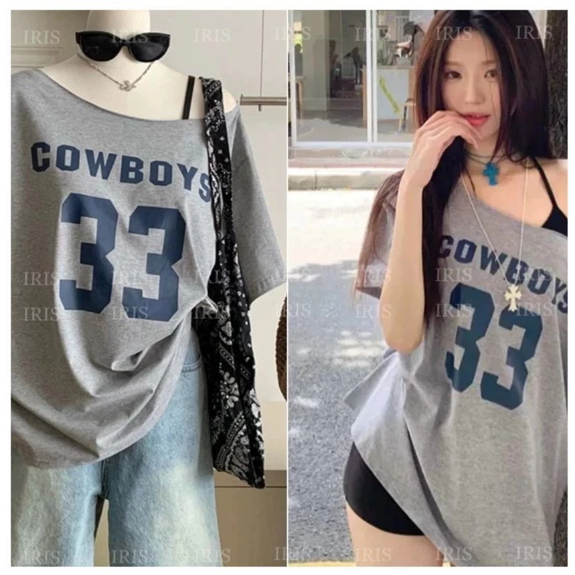 Áo Thun Nữ Hở Vai Ngắn Tay In Số 33 Màu Xám, Áo Phông Trễ Vai Cotton Dày Dặn Phong Cách Ulzzang
