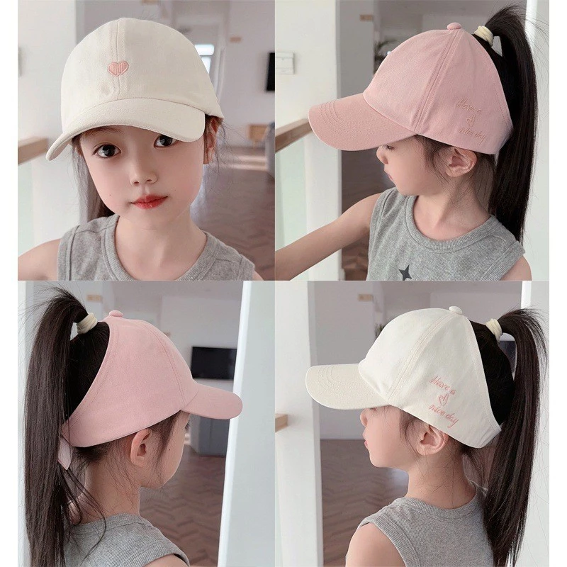 Mũ bóng chày hình trái tim cho bé gái, mũ đuôi ngựa, che nắng, bảo vệ nắng mùa hè