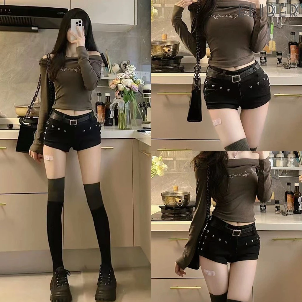 ELIBER- HÀNG SẴN - Quần short jeans đen form body - Thiết kế đinh tán - tôn dáng - Phong cách ulzzang Hàn Quốc