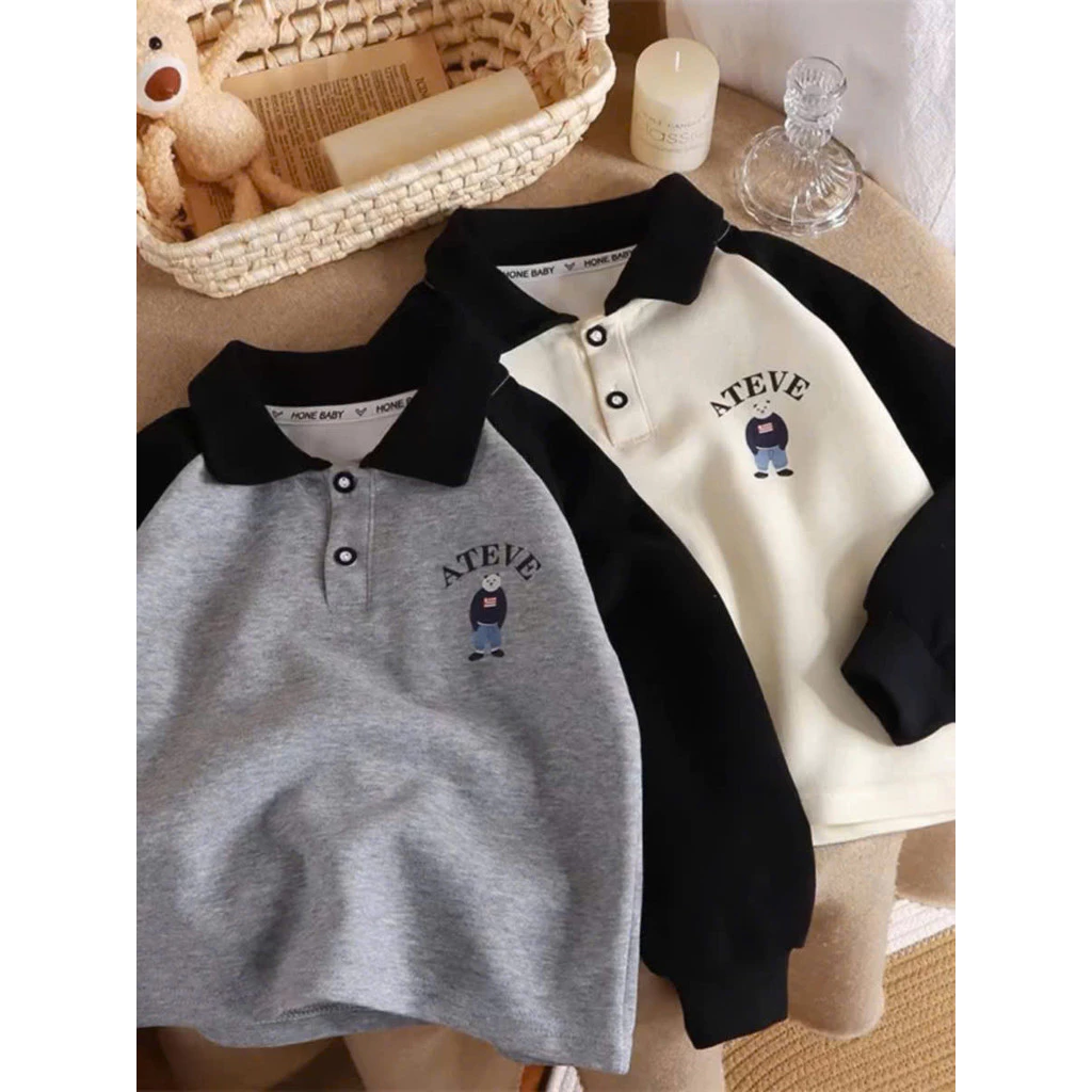 Áo thun dài tay cổ trụ polo cho bé trai bé gái chất cotton thời trang trẻ em thu đông áo ATEVE