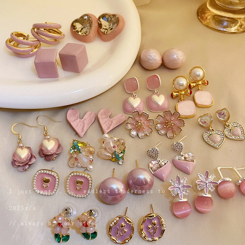 Bông tai thời trang dòng Pink Silver Needle, cảm giác cao cấp, trang sức tai