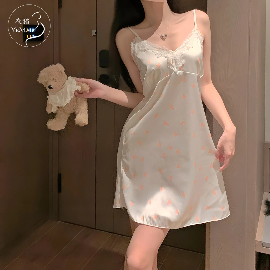 (40-67.5kg) Đầm ngủ một mảnh in họa tiết phong cách sexy ngọt ngào cho phụ nữ với đệm ngực và dây đai, đầm ngủ bằng lụa lạnh