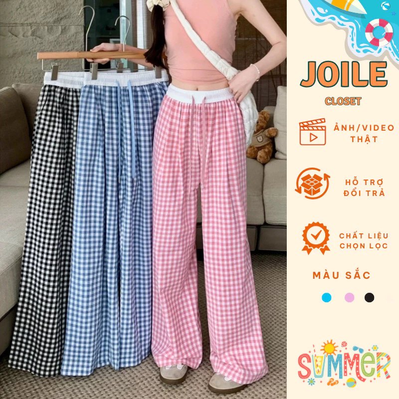 Quần Ống Suông Quần Kẻ Cạp Chun Nữ Dài Rộng Dáng Suông Cạp Cao Phong Cách Dài 100-102cm Joile_Closet
