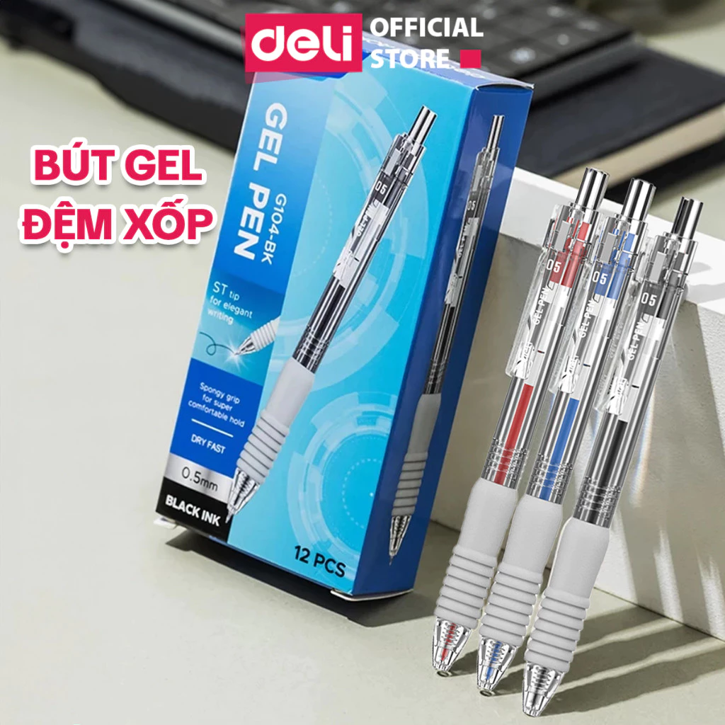 [HỎA TỐC] Bút Gel Đệm Xốp Deli Ngòi ST 0.5mm Bi Nước Mực Xanh/Đen/Đỏ Viết Trơn Cho Học Sinh Sinh Viên Văn Phòng EG104