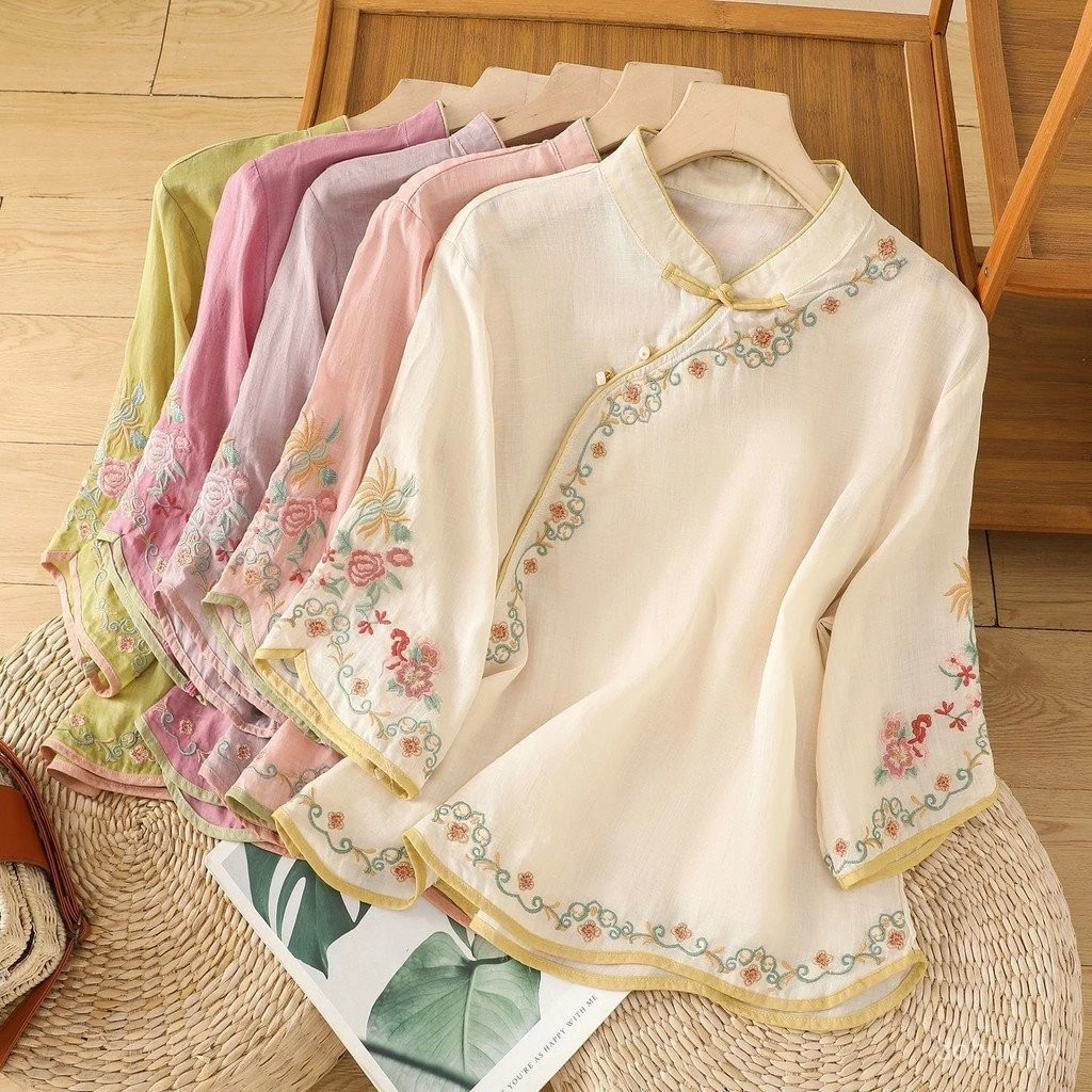 Có sẵn hàng mới Áo sơ mi thêu cotton và lanh phong cách Trung Quốc Áo retro nữ Áo cheongsam truyền thống phong cách Trung Quốc