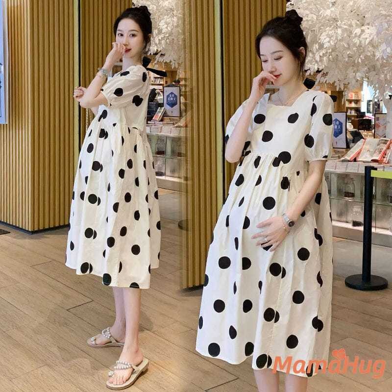 Váy bà bầu mùa hè 2026 chấm bi dài đến đầu gối Plus Size Cotton tam cá nguyệt thứ ba Giảm béo dáng rộng Váy bà bầu chữ A hợp thời trang Váy Buntis đi biển ngoài trời thời trang